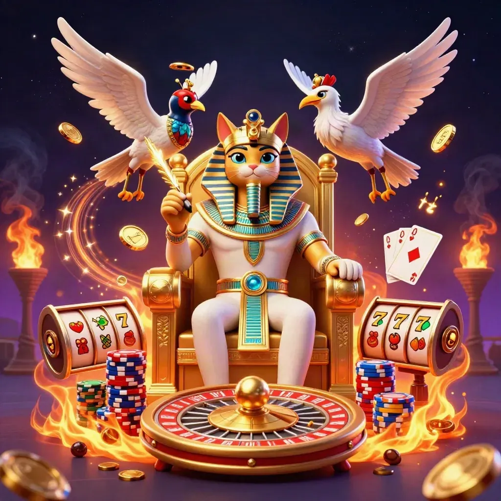 Pharaokat op troon met ibis, scarabeeën en casinochips in oranje-gouden magie.