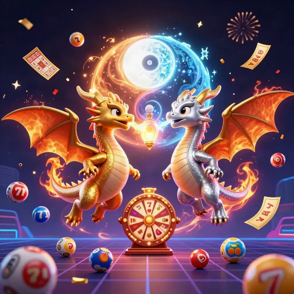 Twee glanzende draken met loterijballen, jackpot en neonlicht in luxe casinostijl.
