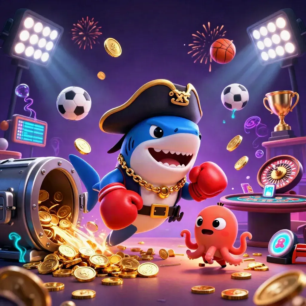 Drie cartoon-zeedieren vieren een explosie van goud, met ballen, trofee en casino-flair.