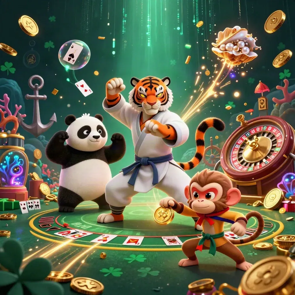 Kungfu-tijger, panda en aap in een goudregen met casinorekwisieten en neonlicht.