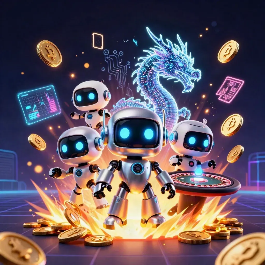 Robotmascotte, holografische draak en drone in een gouden casinoburst met munten en vuurwerk