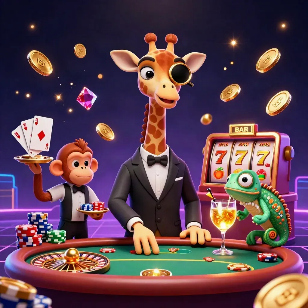 Giraffe, aap en kameleon rond een VIP-pokertafel met gouden munten en neon casino-uitstraling.