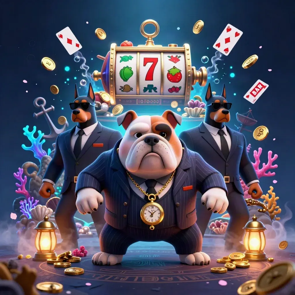 Bulldog-maffiabaas met twee Dobermans, omringd door goud, kaarten en casino-effecten.