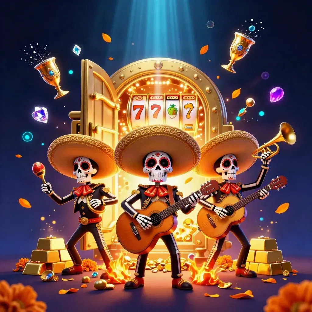 Drie skelet-mariachi’s bij een open goudkluis, met vallende goudstukken en fel casinolicht.