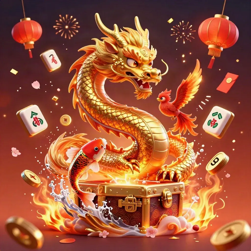 Gouden draak met rode feniks en schatkist, omringd door casino-items in vurige gloed.