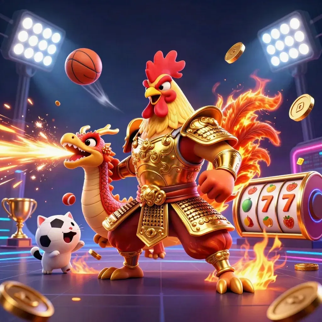 3D haan in samoerai-armor met drakje, gelukskat, ballen en goud in neon casino sfeer