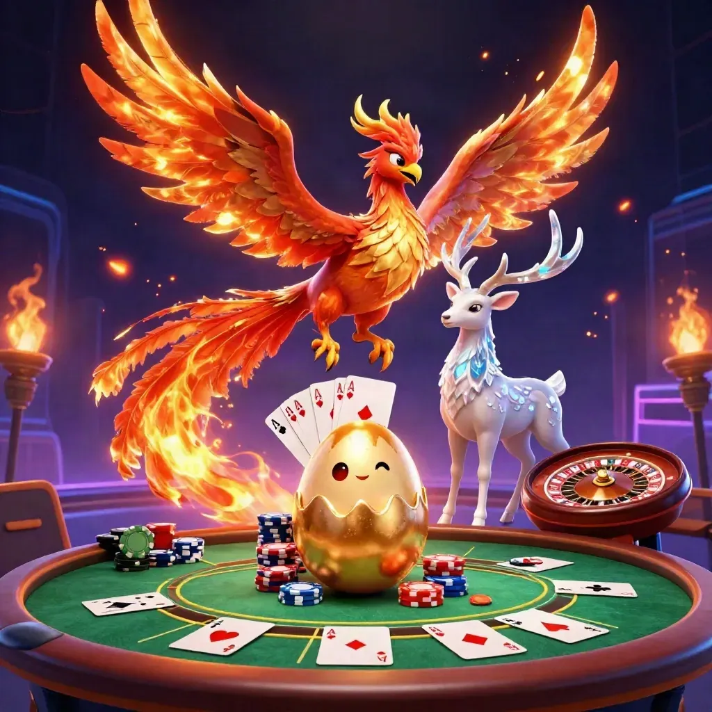 Drie fantasie-casinofiguren rond kaarten, chips en een gloeiende roulettetafel in neon.