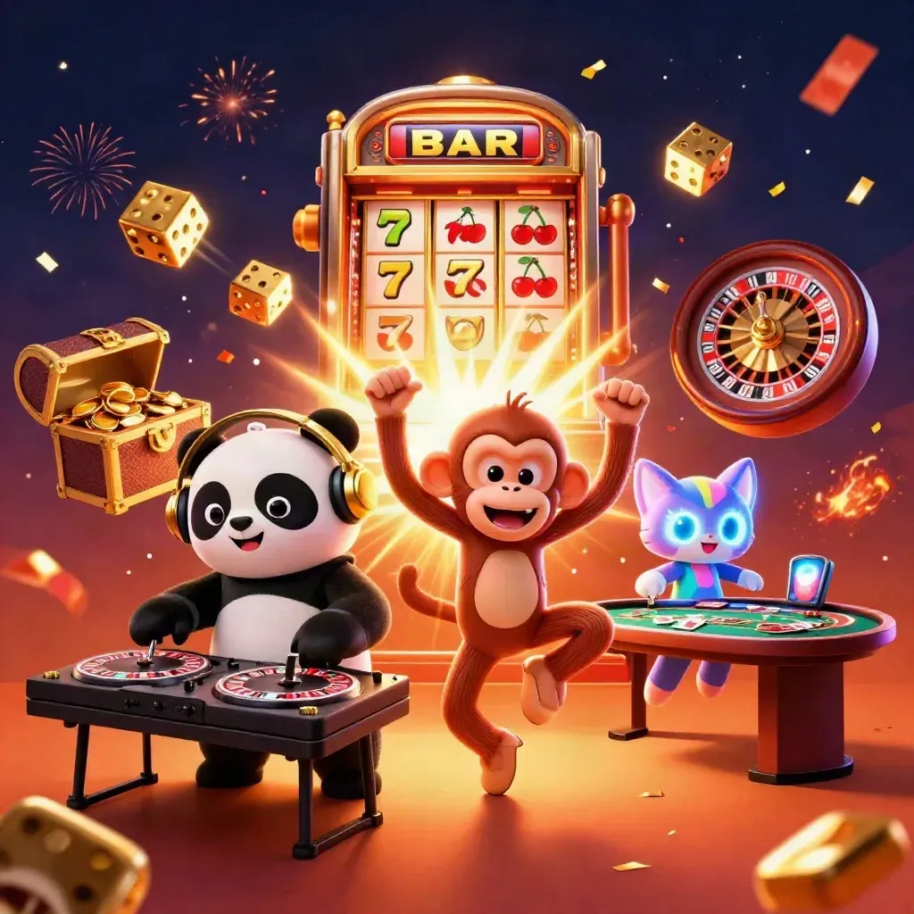 3D panda-DJ, dansende aap en glow-stick kitten tussen jackpot, goud en vuurvonkjes.