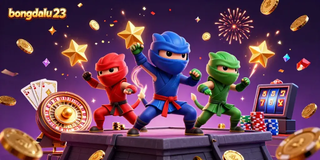 Experience thrilling action with the bongdalu 23 ninja chameleon team performing on a rooftop amid dynamic casino elements.
