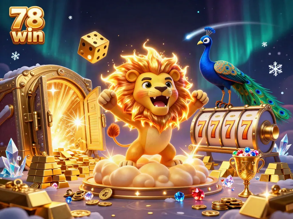 Experience the vibrant world of 78 win with a roaring lion and dynamic casino elements in a rich digital illustration.