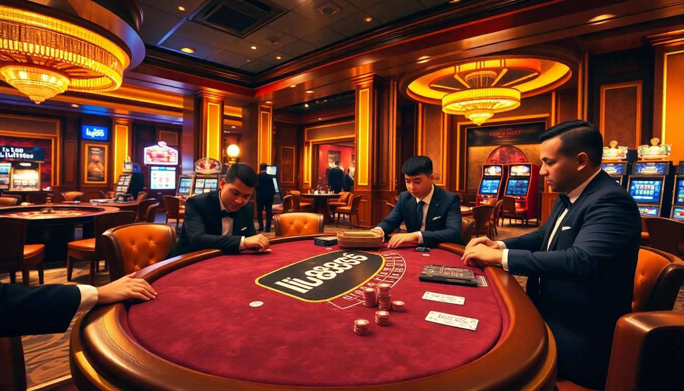 Players engaging at a poker table in a luxurious casino setting, highlighting lu888 gaming excitement.