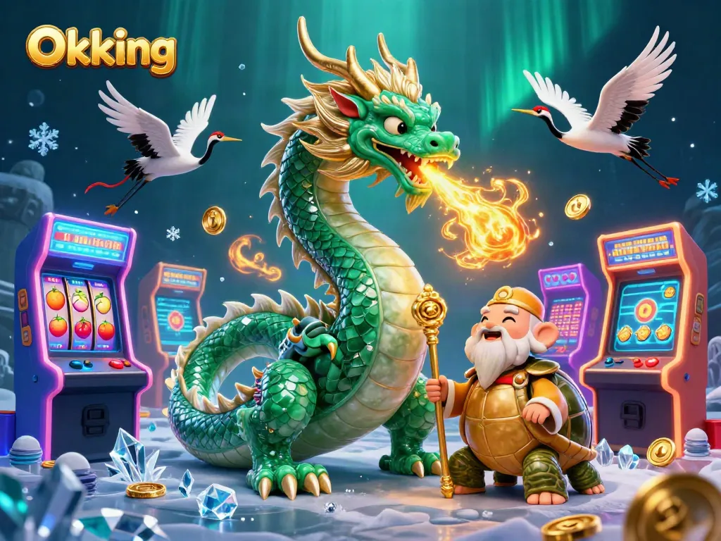 Experience thrilling gameplay at Okking with a dragon, turtle sage, and lucky cranes amidst slots and arcade elements.