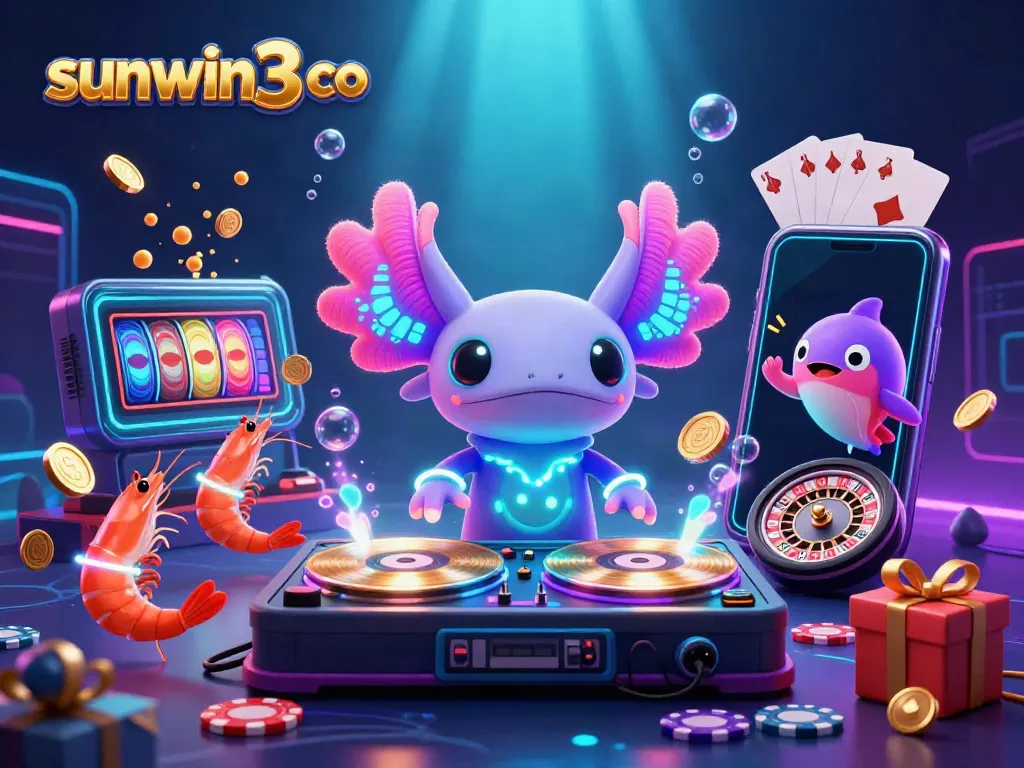 Experience the vibrant underwater casino scene with sunwin3 co, featuring a neon axolotl DJ and games of chance.