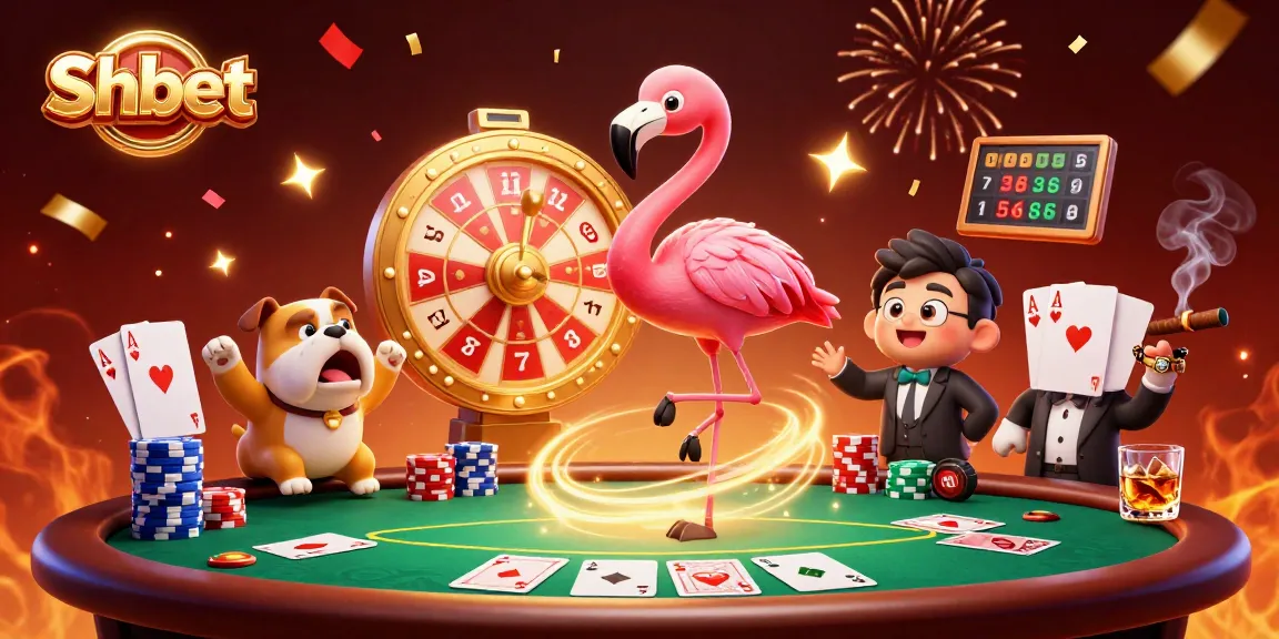 Engage with Shbet as the flamingo host spins a prize wheel, showcasing vibrant casino elements in an exciting scene.