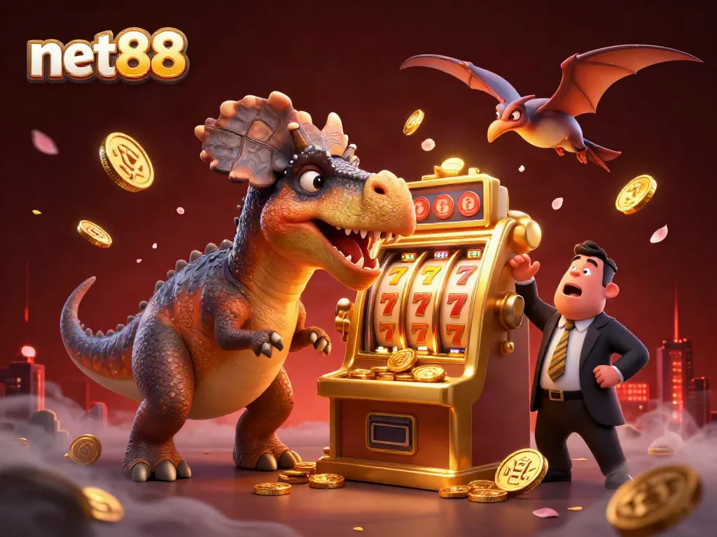 net88 slot machine scene with a dinosaur hitting for a jackpot among vibrant casino elements.
