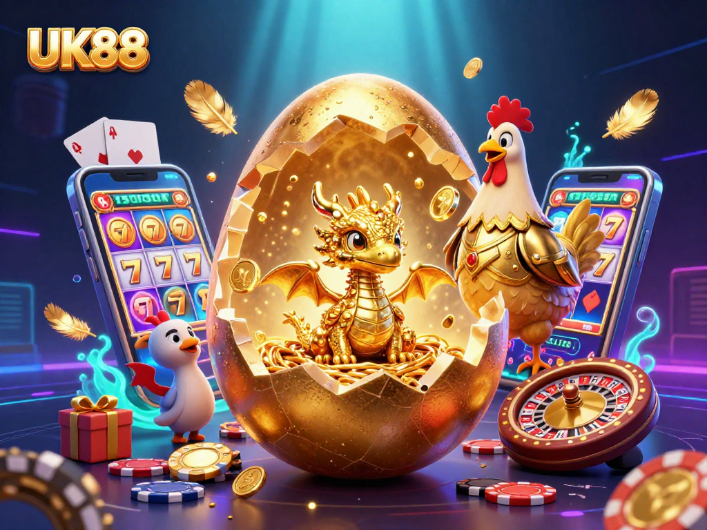 Experience UK88 excitement with a golden dragon emerging from poker chips amid dynamic gaming elements.