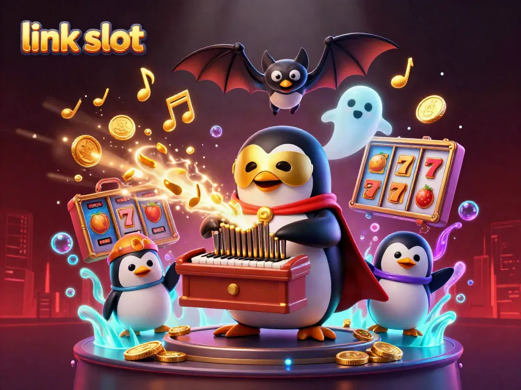 Engage with link slot features as a cartoon penguin plays a gold-coin-shooting organ in a vibrant casino scene.
