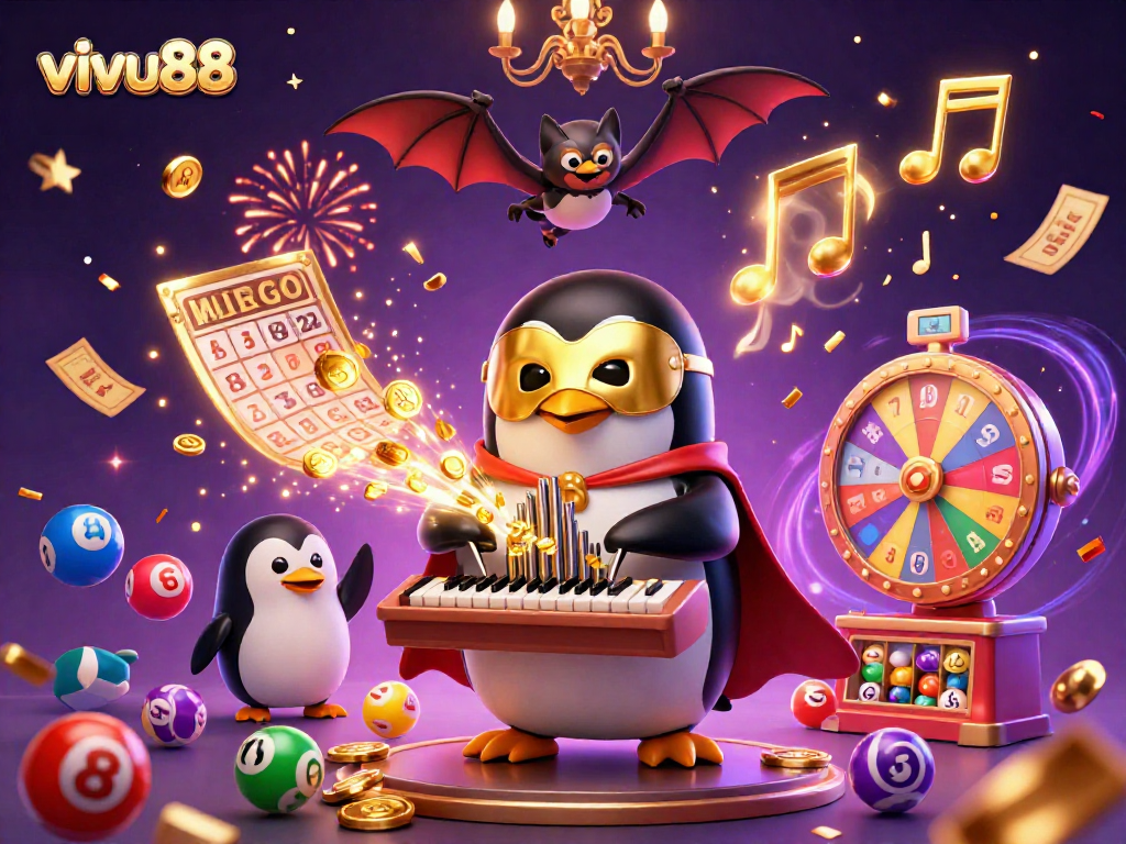 Experience exciting gameplay at vivu88 with a cartoon penguin and acrobatic bat amidst colorful lottery elements.