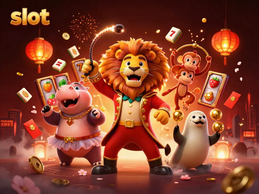 Experience the thrill of slot gaming with a vibrant 3D circus-style scene featuring a lion, hippo, monkey, and seal.