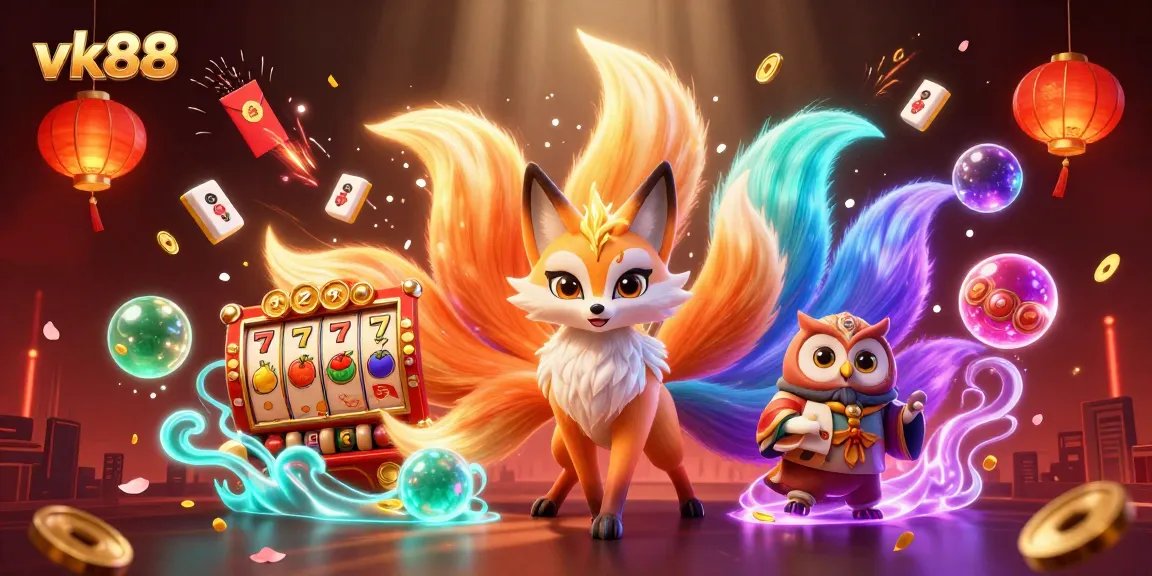Engage with thrilling casino action in vk88 with vibrant characters and slot elements in a dynamic scene.
