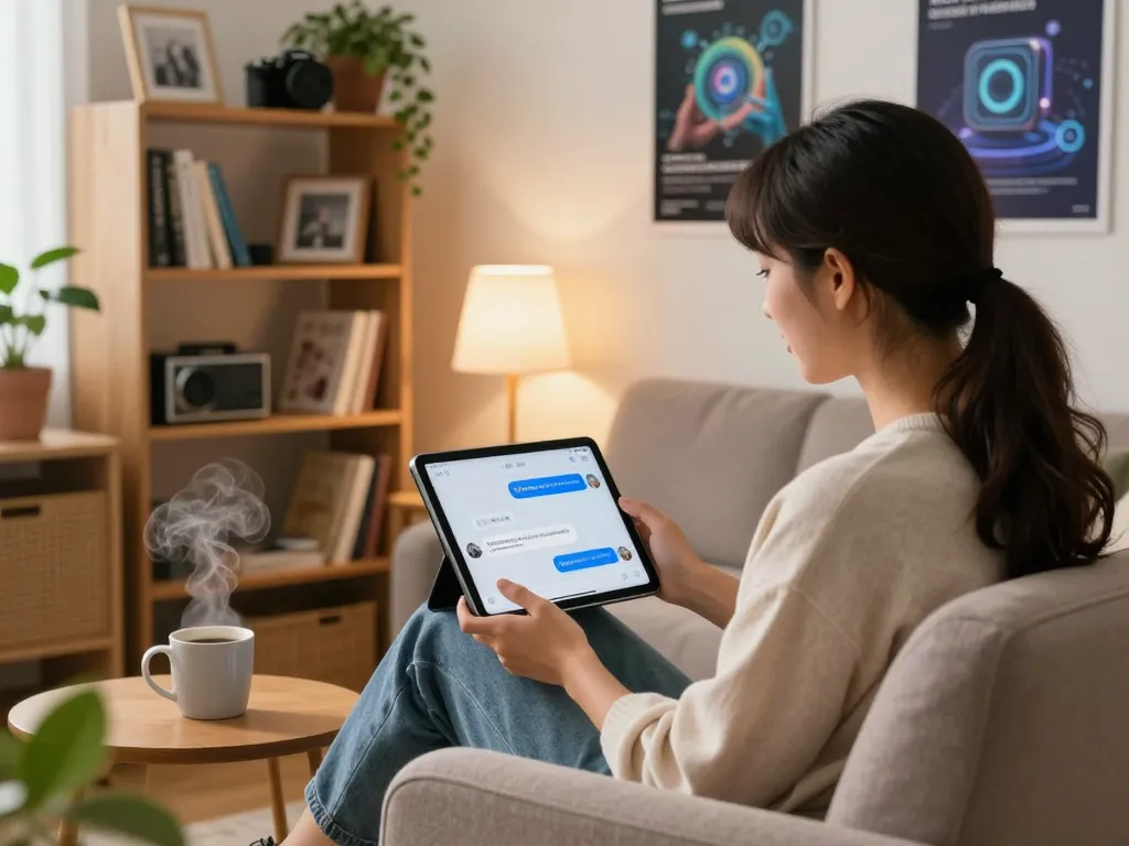 Engaging user interacting with spicy chat ai on tablet in cozy study.