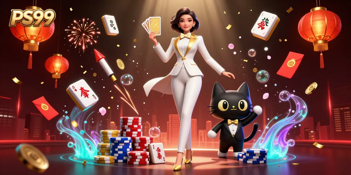 Engage in thrilling games at PS99 with a stylish dealer, cards, and vibrantly themed casino elements.