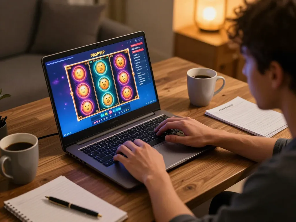 Engaged player enjoying PHPVIP slots on a laptop, showcasing colorful reels and strategic planning environment