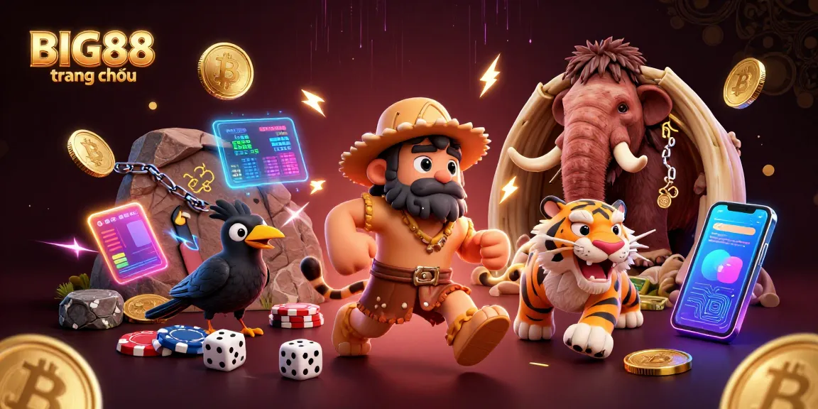 Engage with BIG88 trang chủ at a vibrant prehistoric casino featuring dynamic 3D characters and crypto elements.