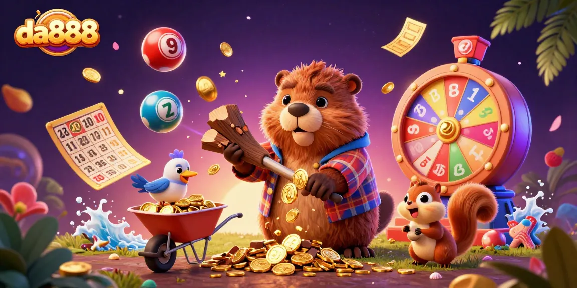Experience winning moments and excitement with da888 as a cartoon beaver chops a coin tree in this vibrant illustration.