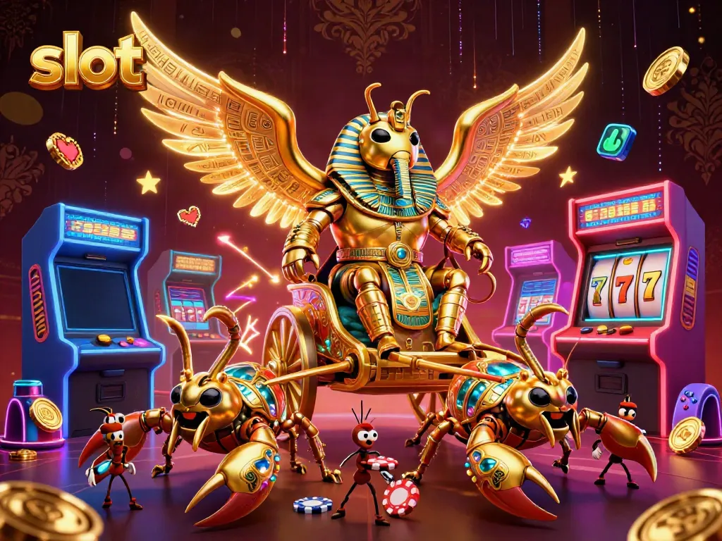 Spin slot reels with a colossal scarab beetle and scorpions in dynamic casino illustration.