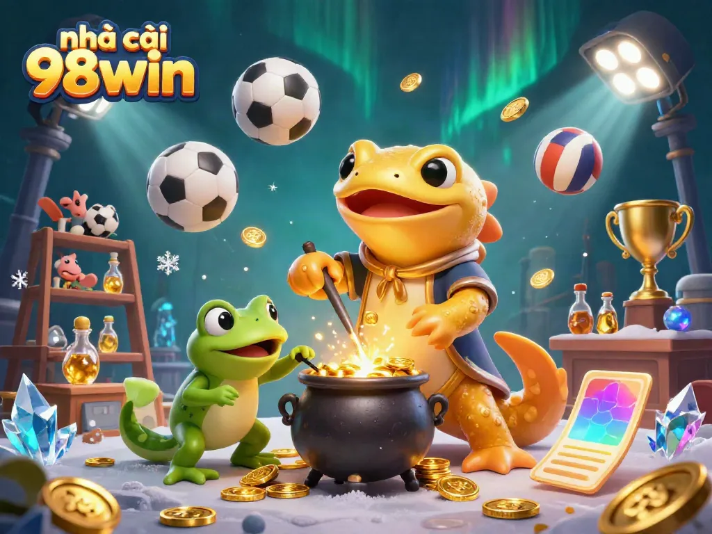 Engage with the excitement at nhà cái 98win that showcases dynamic sports betting action with vibrant characters and gold.