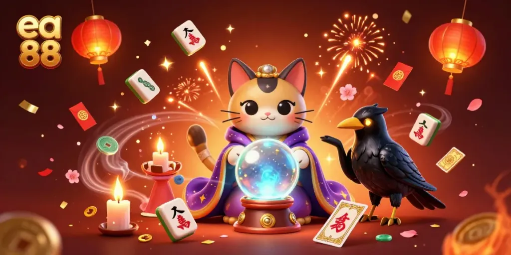 Experience the thrill of ea 88 gaming with a mystic cat fortune teller, raven, and festive elements.