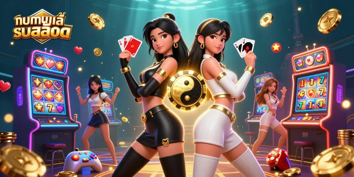 تجربة لعب ทดลองเล่นสล็อต with stunning Asian twin women showcasing vibrant slots and winning cards.