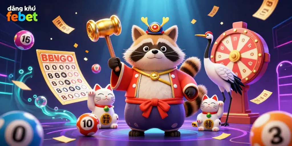 Experience excitement with đăng ký febet as a tanuki, samurai crane, and lucky cats surround vibrant gambling elements.