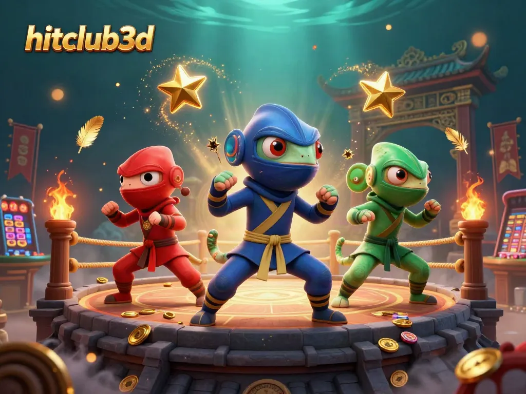 Engage with hitclub3d as ninja chameleons showcase thrilling casino adventures amidst golden tokens and vibrant elements.