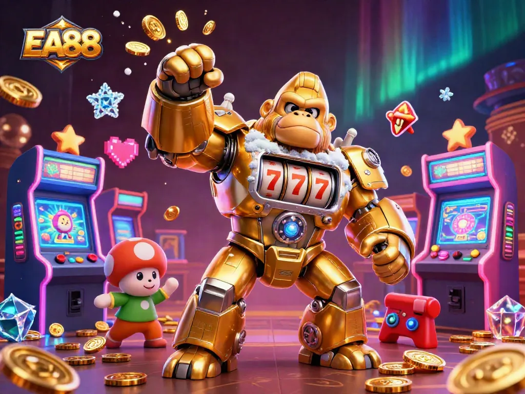 Win big at EA88 with a fierce golden gorilla mech celebrating jackpot success!