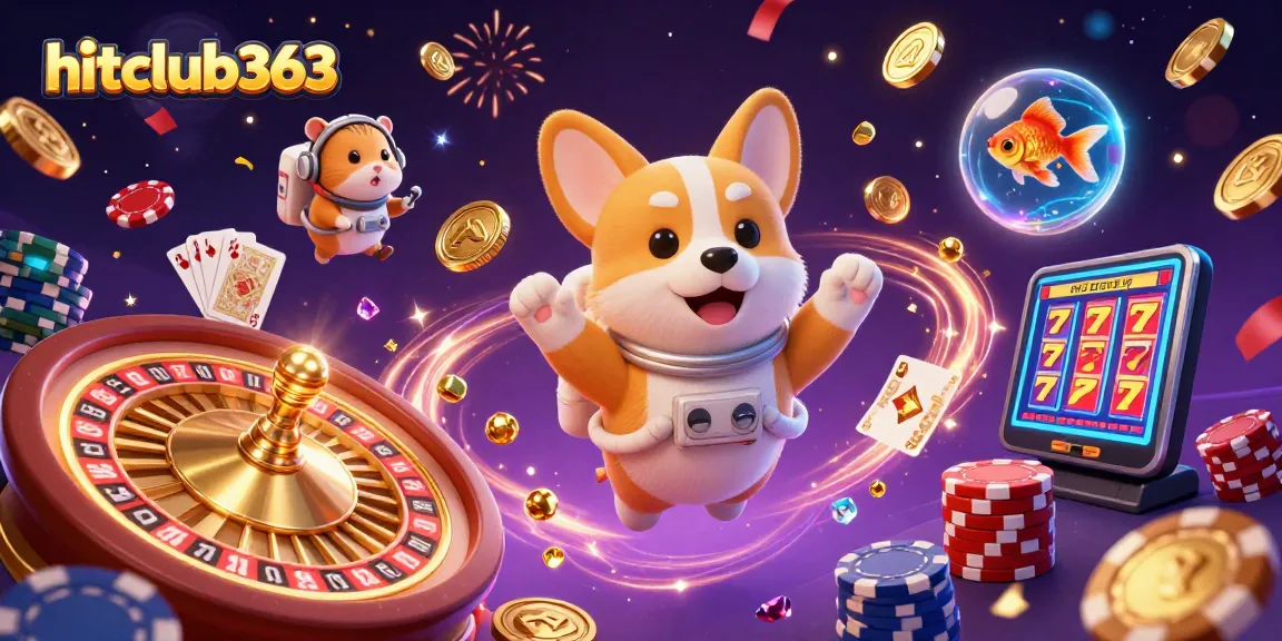 Experience fun at hitclub363 with a floating corgi corgi in a vibrant space station casino.