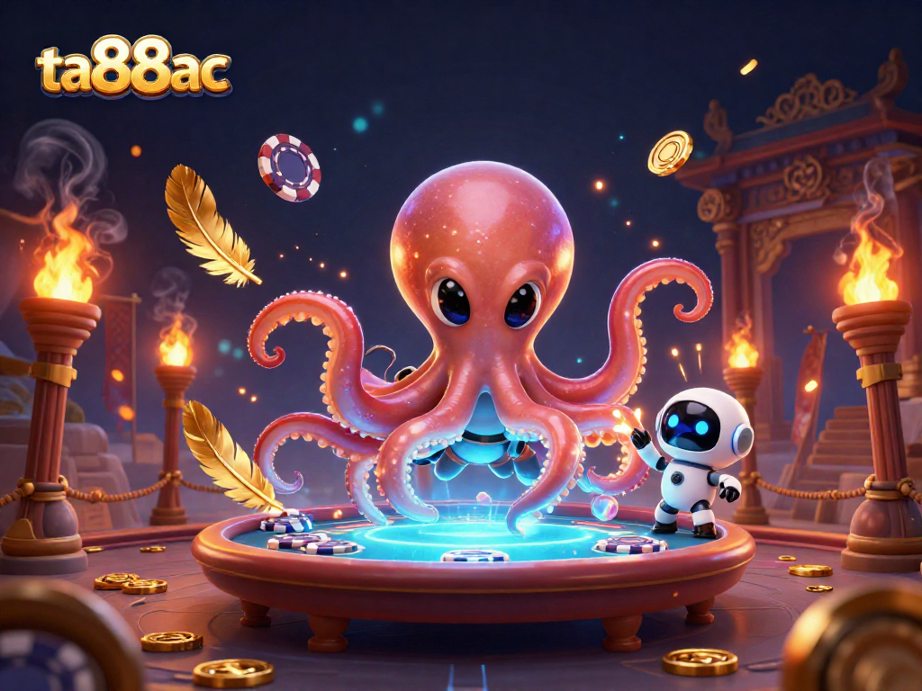 Join the excitement at ta88ac with an alien octopus and robot playing poker amidst a vibrant cosmic scene.