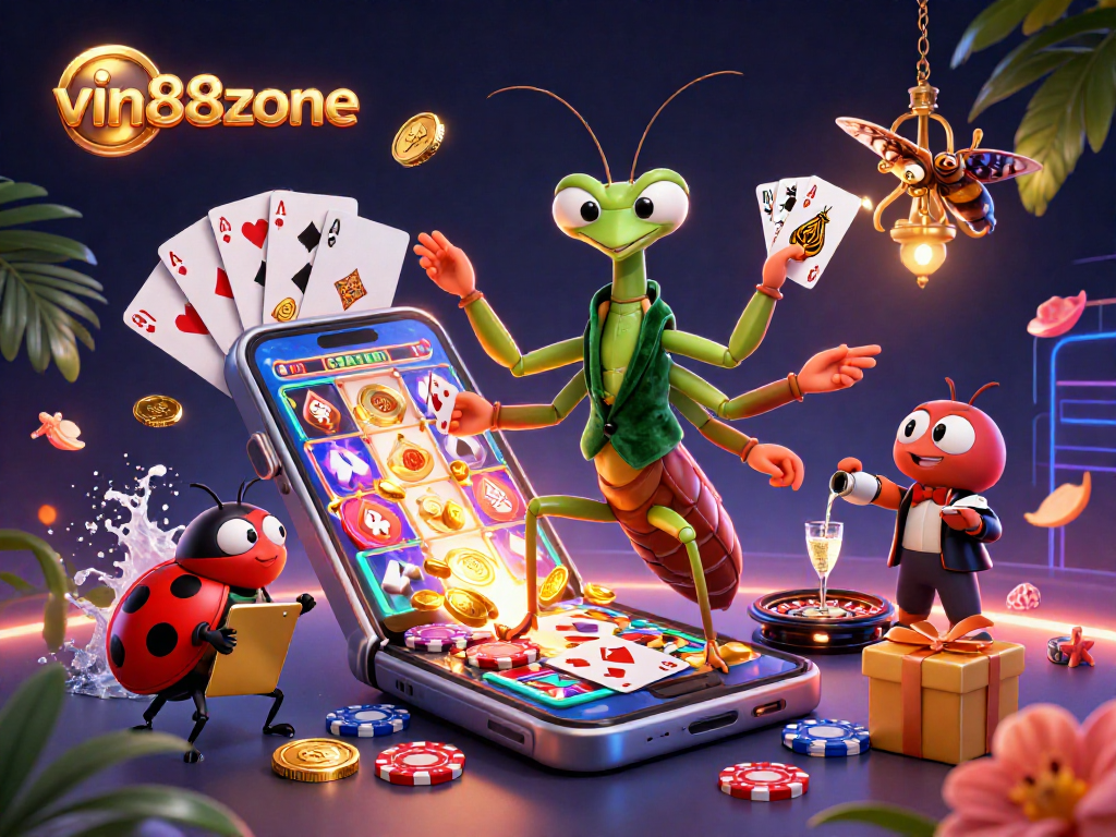 Experience the thrill of vin88zone with dynamic casino characters, slots, and vibrant gaming elements.