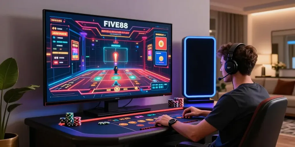 Dynamic gaming experience at FIVE88 with vibrant casino setup.