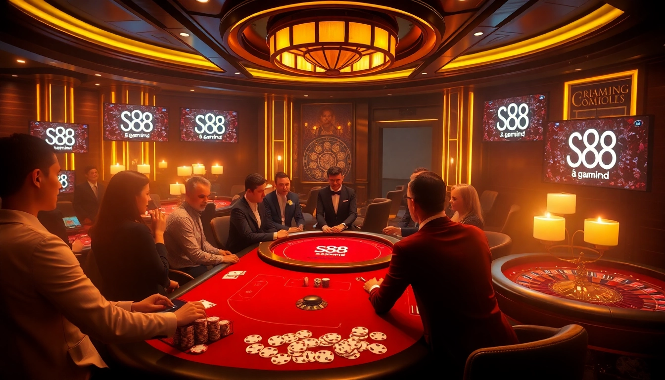 S8 gamblers enjoying a luxurious poker game at a high-end casino with vibrant atmosphere