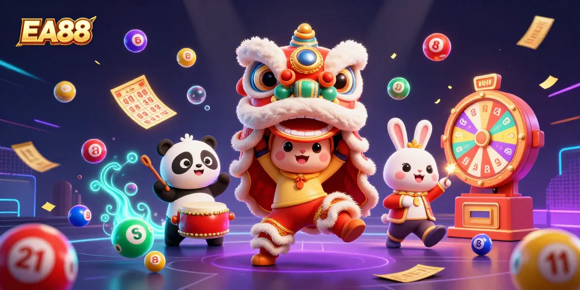 Experience the excitement of EA88 with vibrant lottery balls and stunning visuals in a dynamic casino scene.