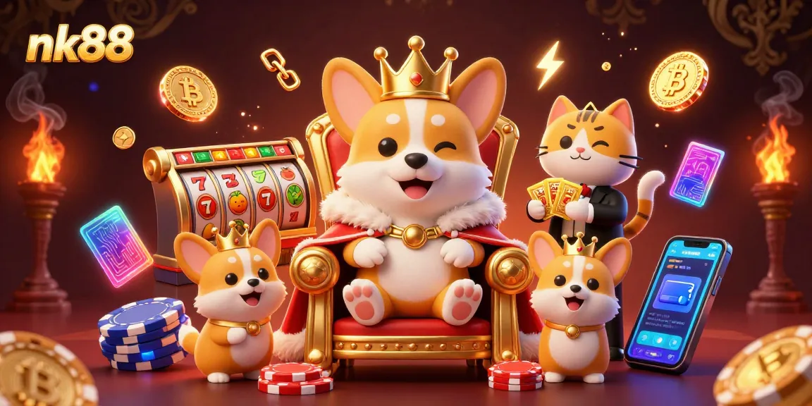 Experience nk88's thrilling gaming with vibrant slots and crypto elements in a luxurious 3D setting.
