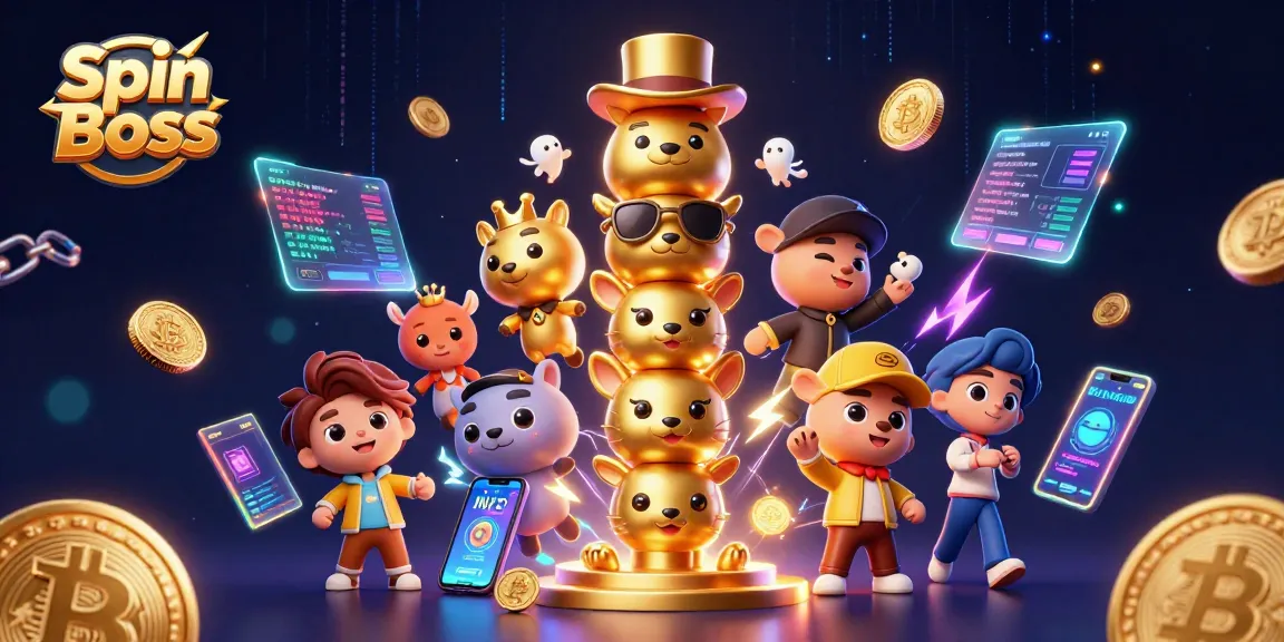 Experience the thrill at Spin Boss with vibrant casino elements and cartoon characters interacting.