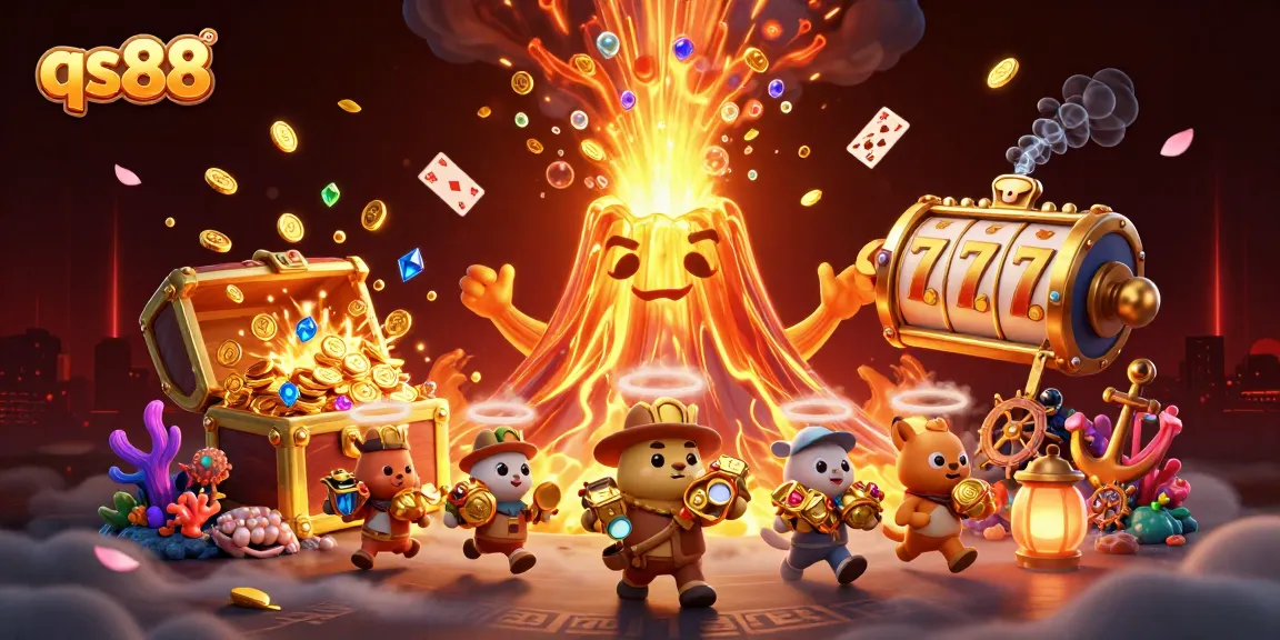 Engage with excitement at qs88, featuring a golden volcano erupting coins amidst thrilling gaming elements.