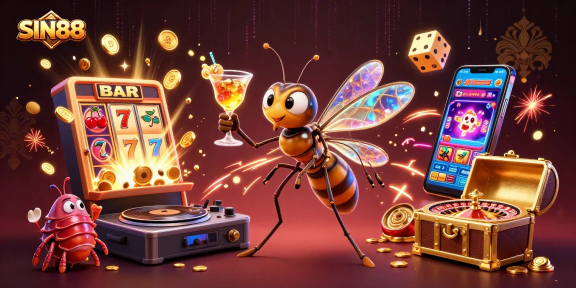 SIN88 engages players with an array of vibrant casino-themed characters and elements in a captivating digital illustration.