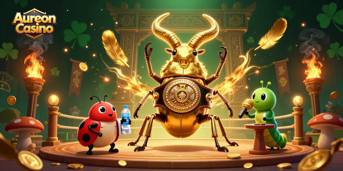 Aureon Casino showcases an epic 3D battle scene with a golden stag beetle against a colorful casino backdrop.