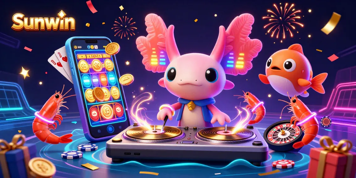 Sunwin showcases exciting gameplay with a neon-colored DJ, glowing shrimp, and dynamic casino elements.