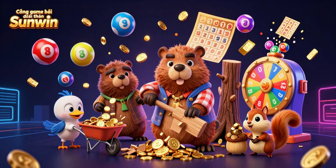 Cổng game bài đổi thưởng Sunwin in a vibrant scene with golden coins raining and playful characters collecting rewards while engaging with lottery elements.