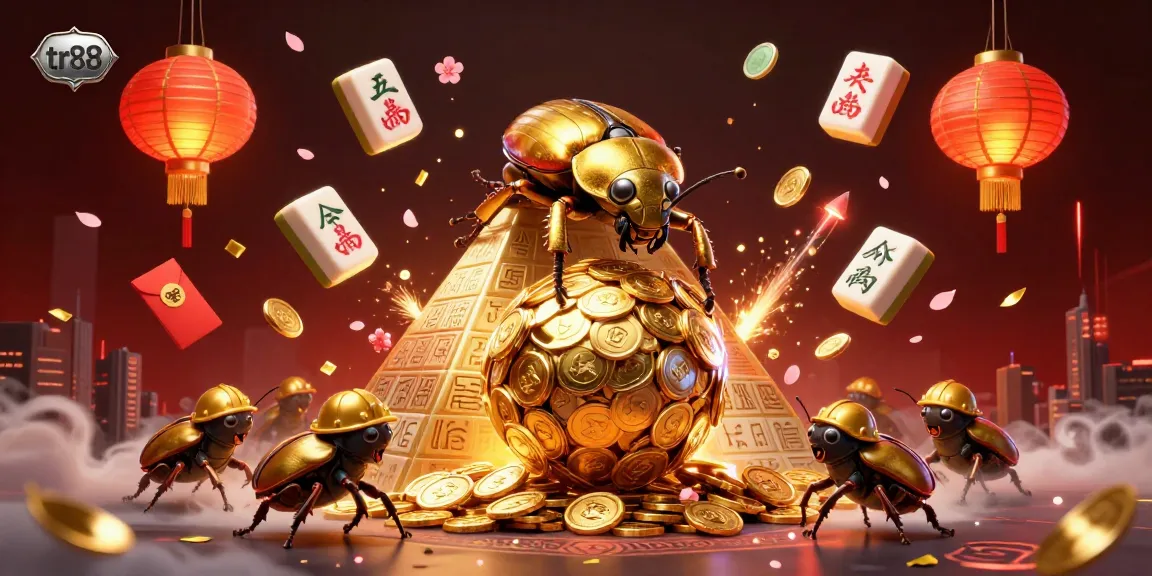 Experience the excitement of tr88 with a golden beetle rolling coins in a vibrant casino-themed illustration.
